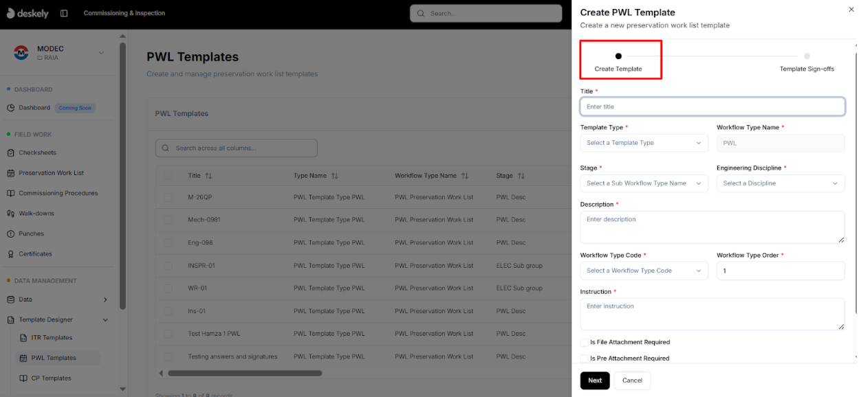 PWL template creation form.