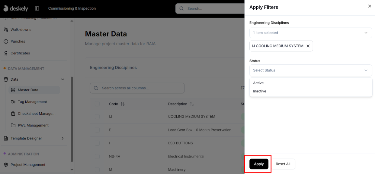 Filters panel showing category and status filters.