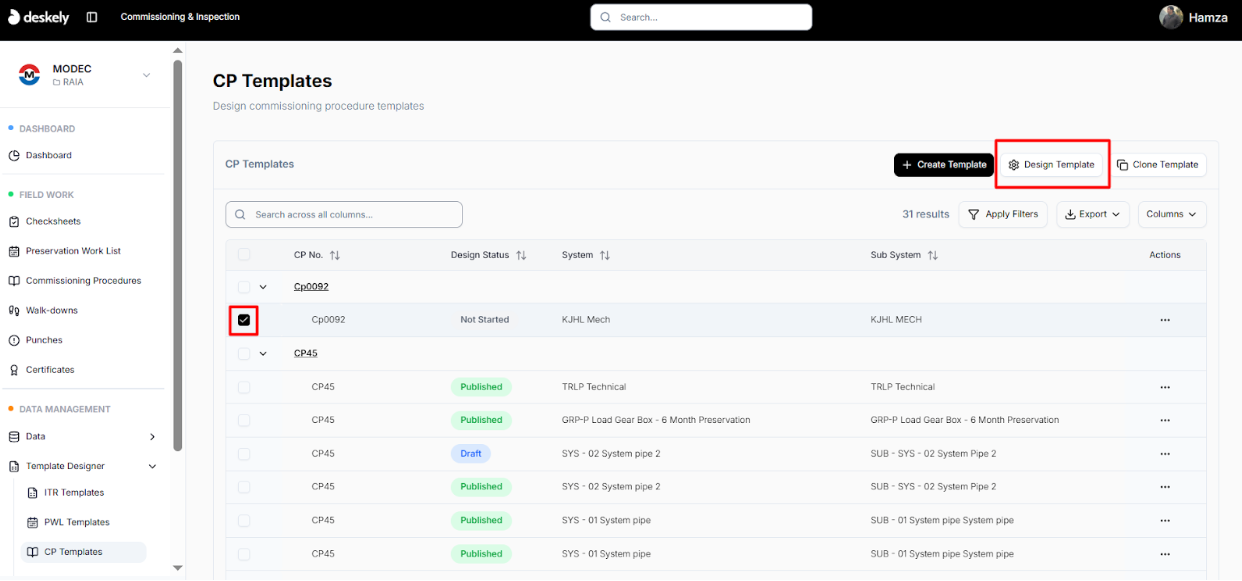 CP templates list with checkbox selection enabling Design Template.