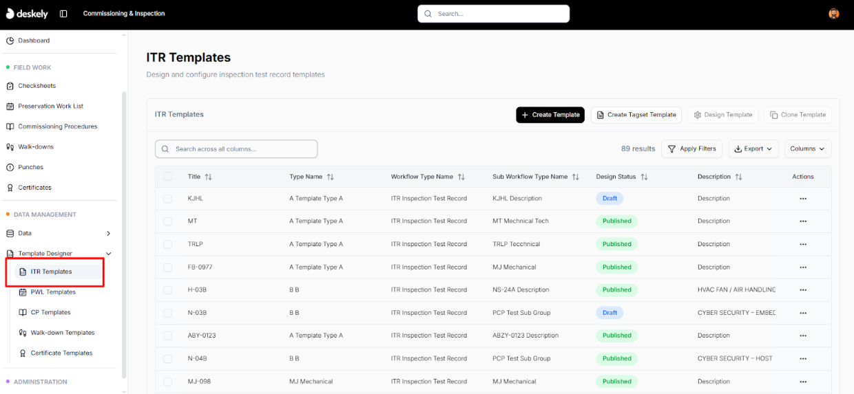 Template Designer menu with ITR Template option.
