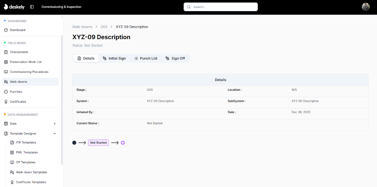 Walkdown details view showing tabs for a G03 walkdown.