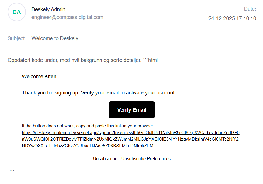 Deskely invitation email with an invitation link.