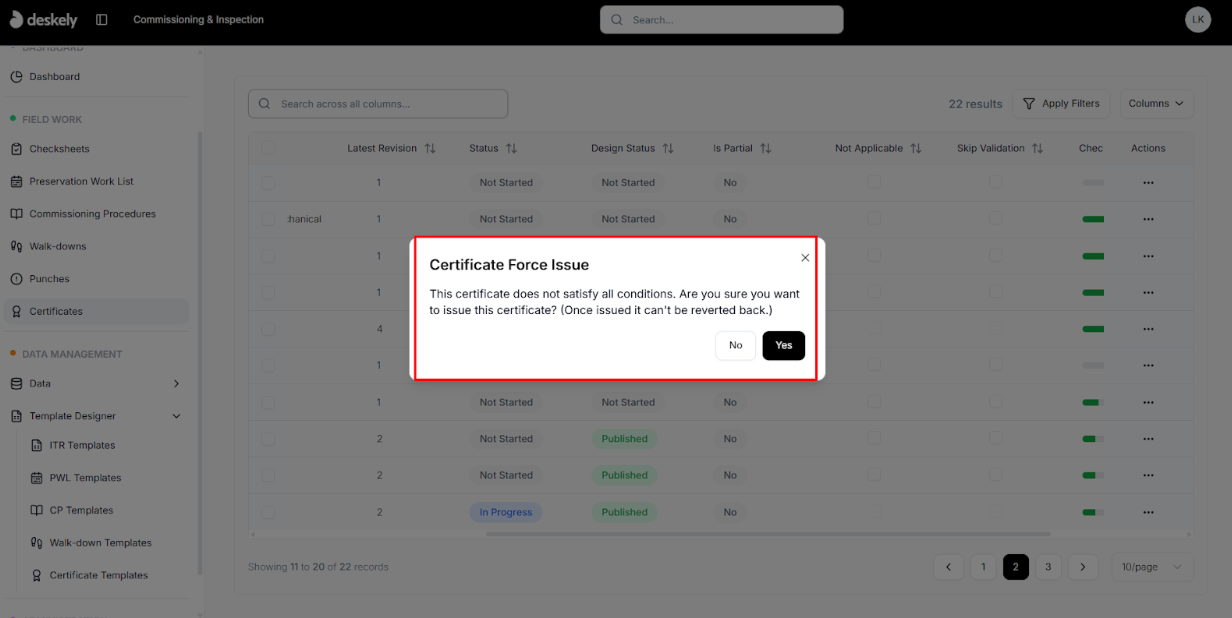 Force issue confirmation dialog.