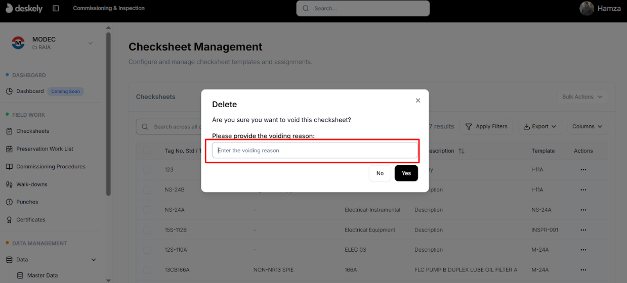 Void checksheet confirmation requiring a void reason.