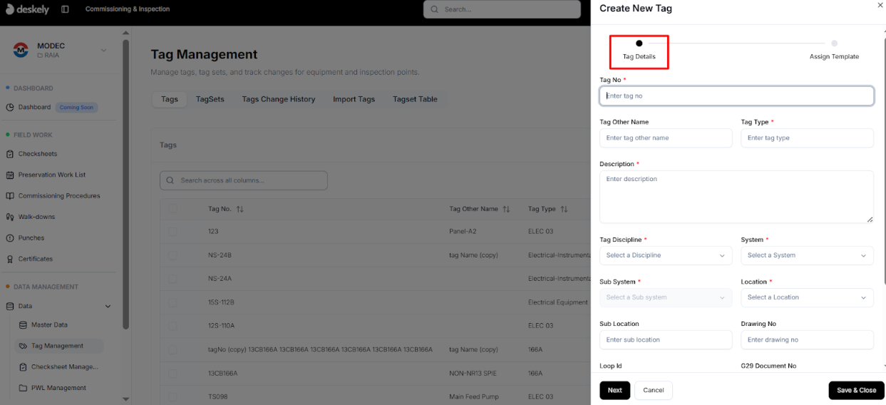 PWL tag details form.