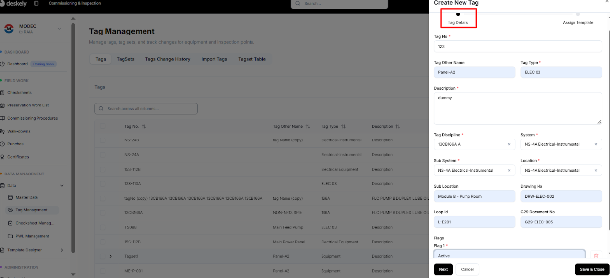 Tag details form with Tag No and dropdown fields.