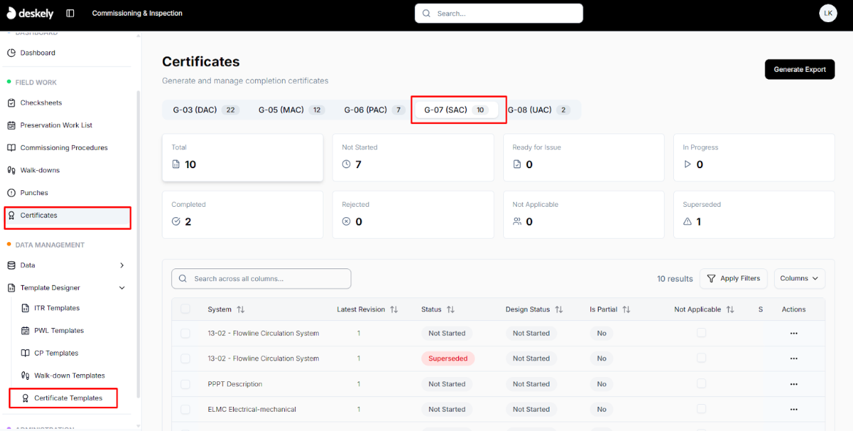 Certificates list showing generated G07 certificates.