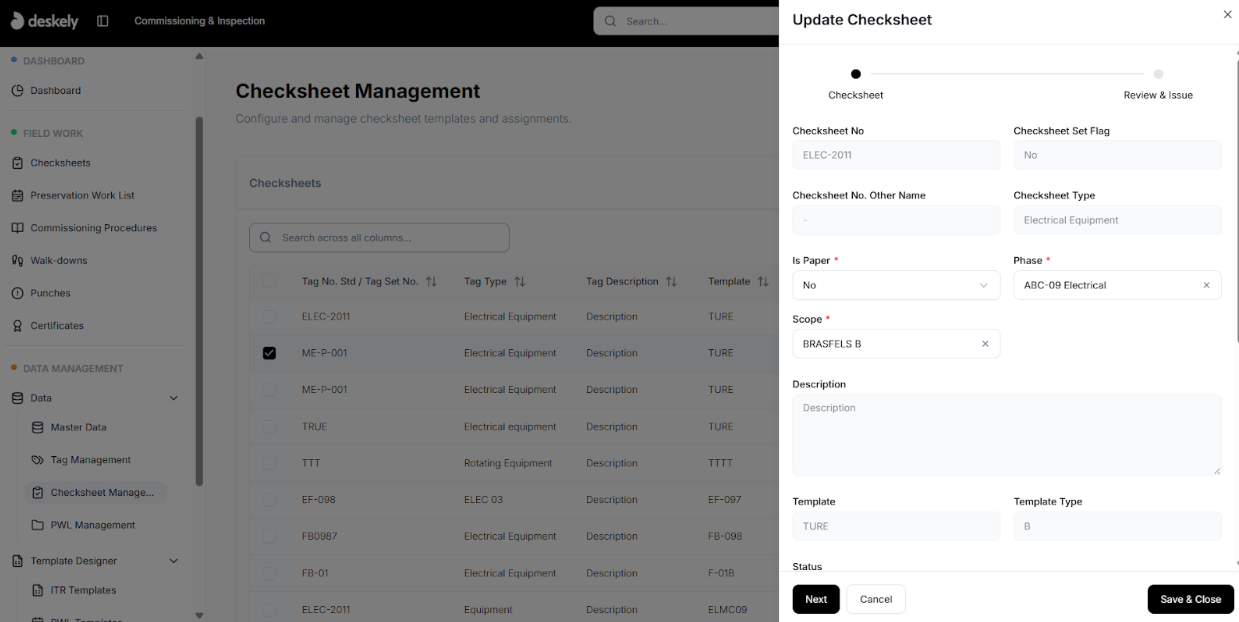 Edit checksheet view with Is Paper, Phase, and Scope fields.