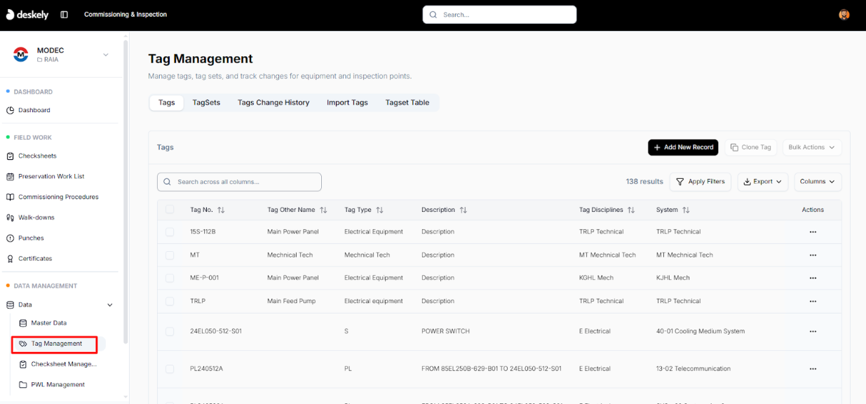 Tag Management page for PWL tags.