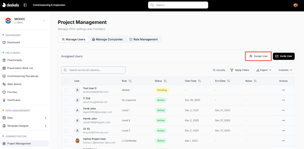 Assign user section showing assignment options.