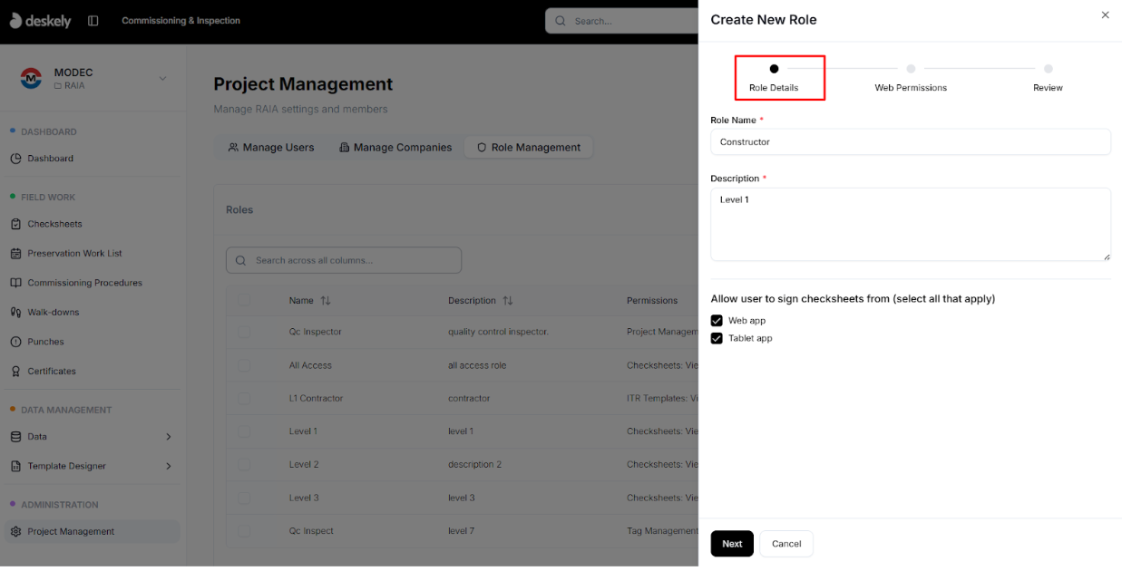 Role details form with role name and description fields.