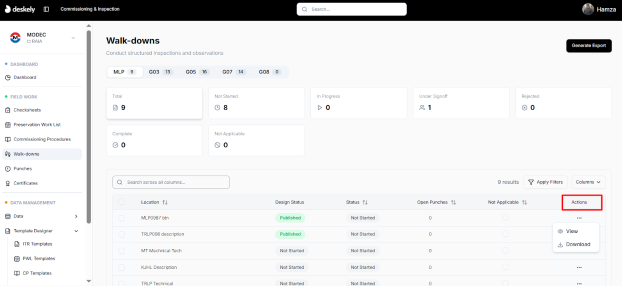 Download/export action for walkdowns.