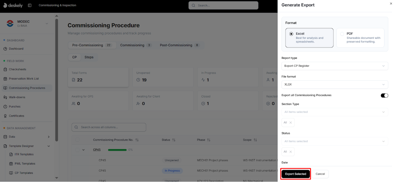 Export form showing filters and Export Selected button.
