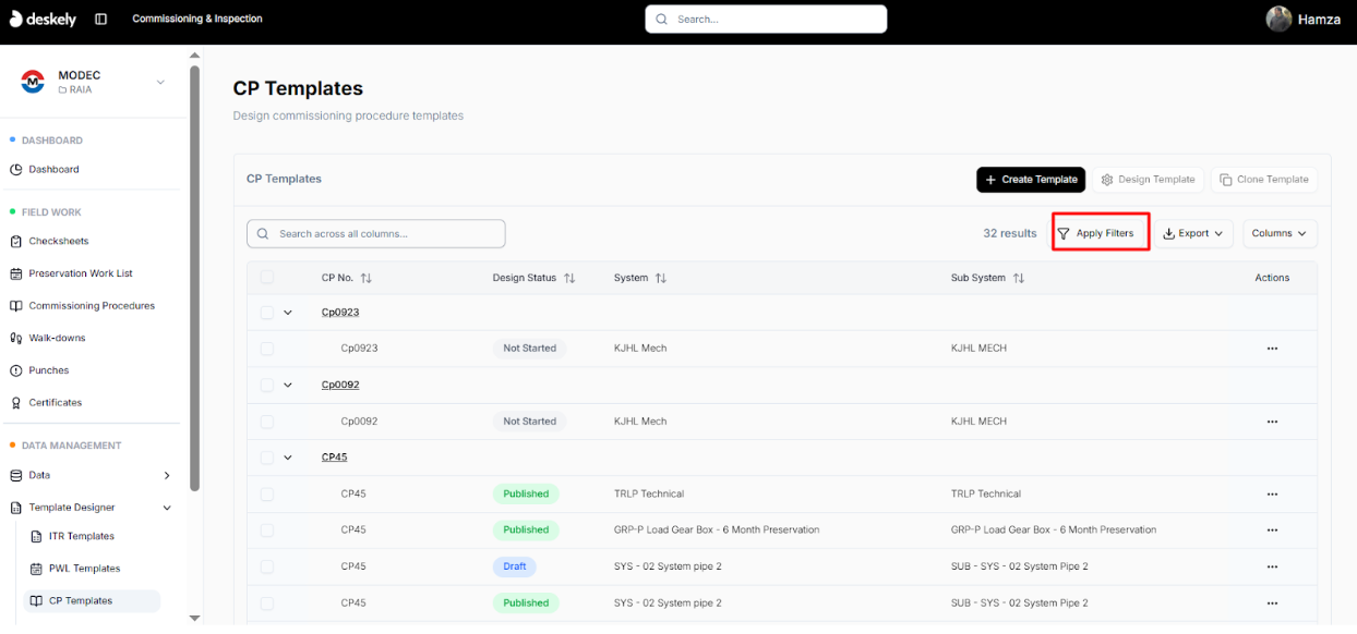Apply filter button on the CP template list.