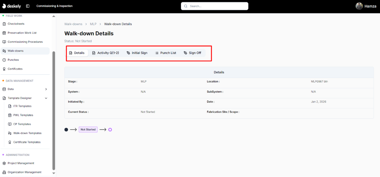 Walkdown details view showing tabs like Details and Activity.