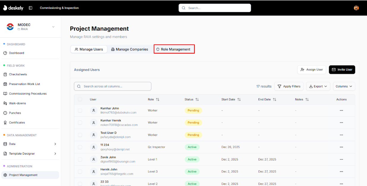 Role list page with Add New Role button.