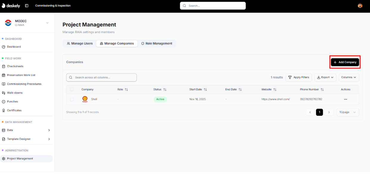 Add Company button on Manage Companies.