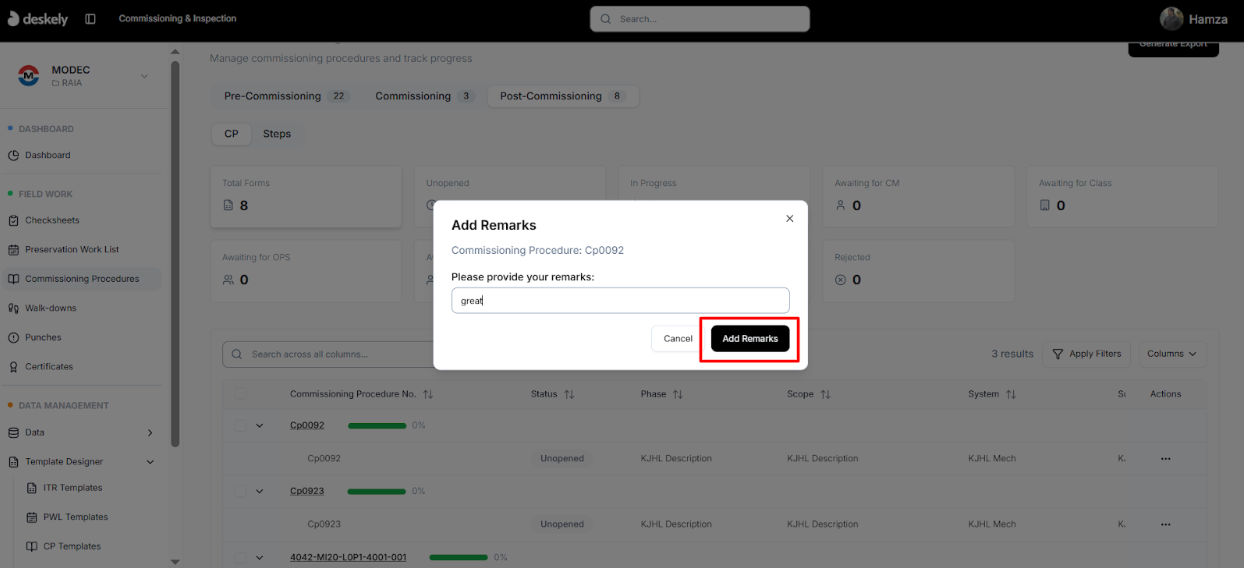 Remarks input field with Add Remarks and Cancel buttons.