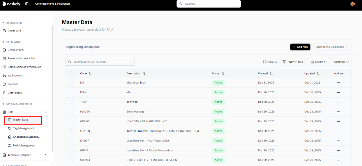 Expanded Data menu with Master Data option.