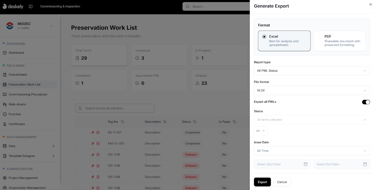 Generate Export button for PWL exports.