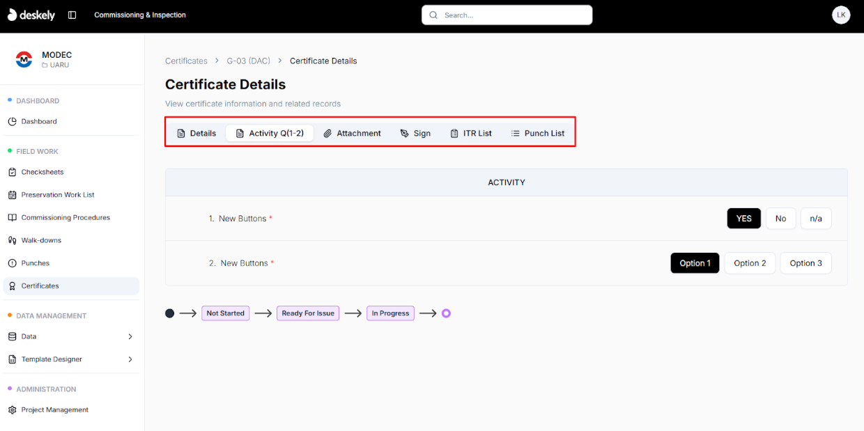 Certificate view showing tabs such as Sign, ITR List, and Punch List.