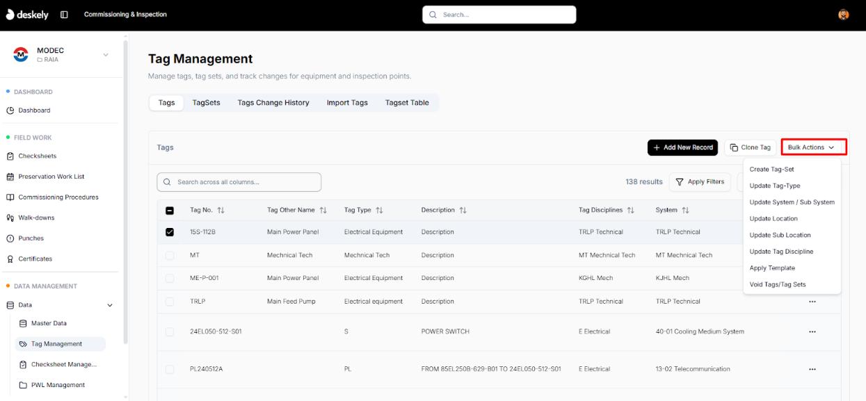 Bulk Actions panel in Tag Management.