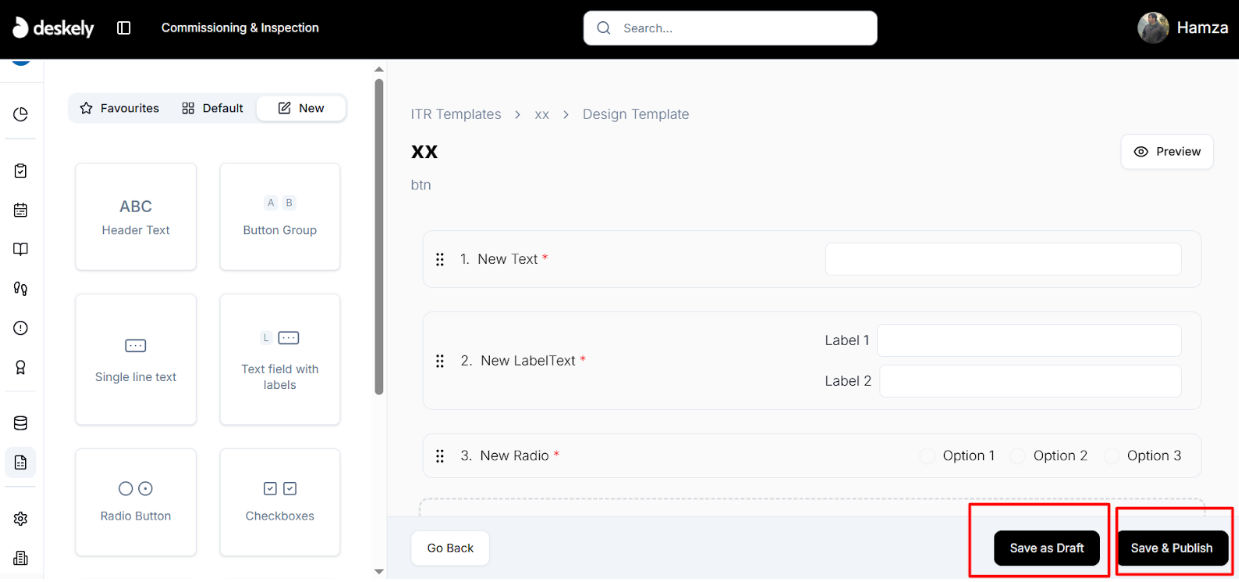 Save as Draft and Save & Publish buttons in the designer.