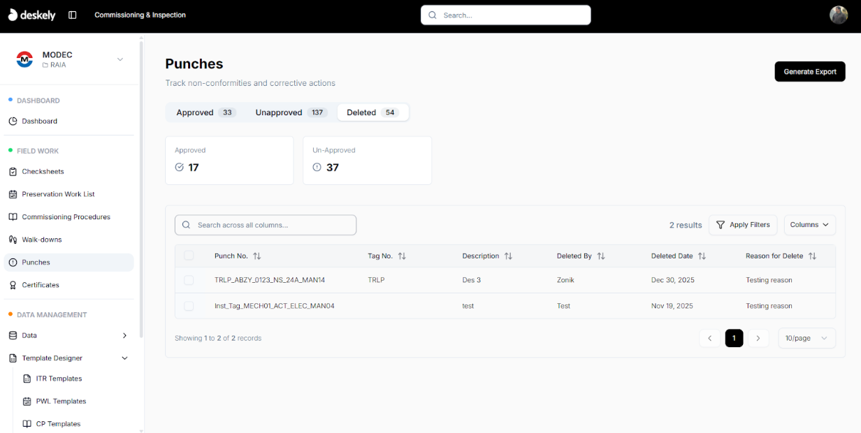Punches page showing Deleted tab.